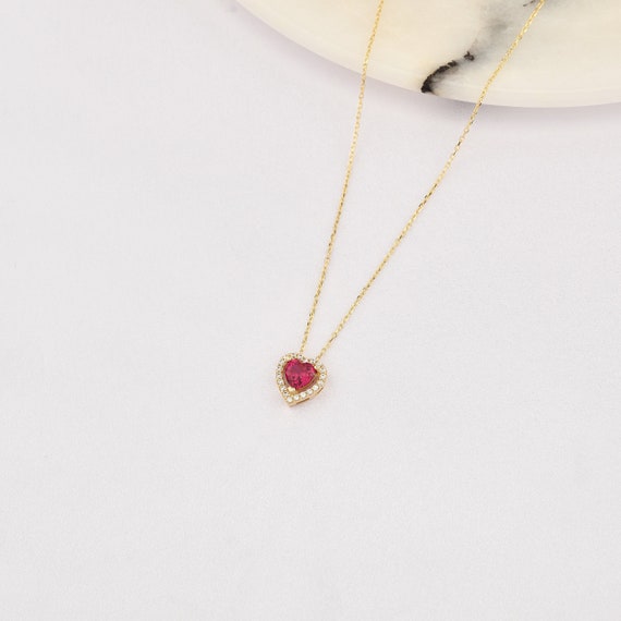 14K Heart Ruby Necklace, 14k Solid Gold Heart Necklace, September Birthstone, Heart Neckace, Ruby Necklace, Heart Cut Ruby, 14K Gold.