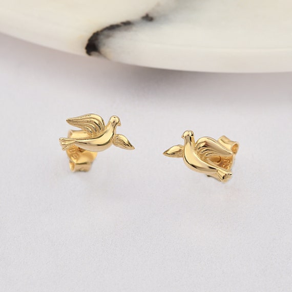 14K Gold Bird Earrings, Bird Gold Earrings, Flying Bird Earrings, Seagull Earrings, 14K Gold Earrings, Gold Animal Earrings.