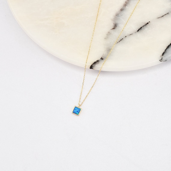14K Gold Blue Opal Necklace, Gold Opal Necklace, Opal Charm Necklace, October Birthstone Necklace, Gemstone Necklace, 14K Gold Necklace.