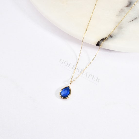 14K Gold Sapphire Necklace, Gold Sapphire Necklace, Sapphire Charm Necklace, September Birthstone Necklace, Gemstone Necklace, 14K Necklace.