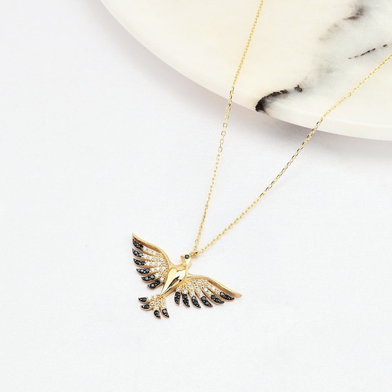 14K Gold Phoenix Necklace, Hawk Necklace, Gold Phoenix Necklace, Phoenix Rising Necklace, Phoenix Pendant, Gold Hawk Necklace, Bird Necklace