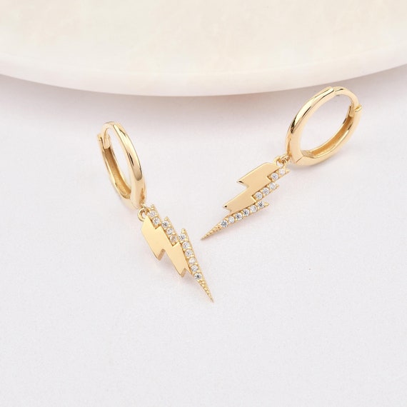 14K Gold Lightning Bolt Hoop Earrings, Gold Lightning Earrings, Thunder Earrings, Lightning Earrings, Lightning Gold Earrings, 14K Gold Hoop