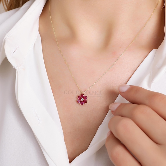 14K Gold Flower Ruby Necklace, Gold Flower Necklace, Ruby Necklace, Ruby Flower Necklace, Flower With Ruby Stones.