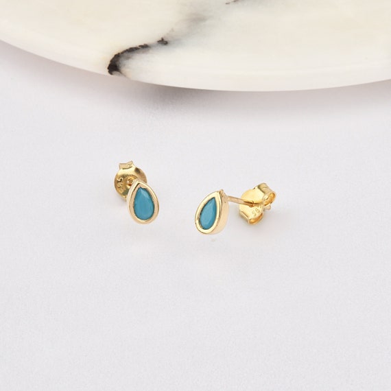 14K Gold Turquoise Stud Earrings, Turquoise Gold Earrings, Turquoise Earrings, Round Cut Turquoise Earrings, Gold Stud Earrings, Turquoise.