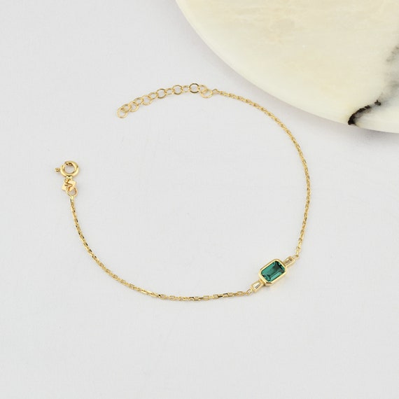 14K Gold Emerald Bracelet, Emerald Stone Bracelet, Emerald Gold Bracelet, May Birthstone Bracelet, Emerald Gemstone Bracelet, 14K Bracelet.