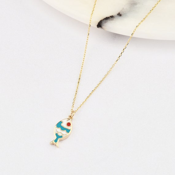 14K Gold Fish Necklace With Enamel, Gold Fish Necklace, Fish Charm Necklace, Fish Symbol Necklace, Enamel Necklace, 14K Gold Necklace.