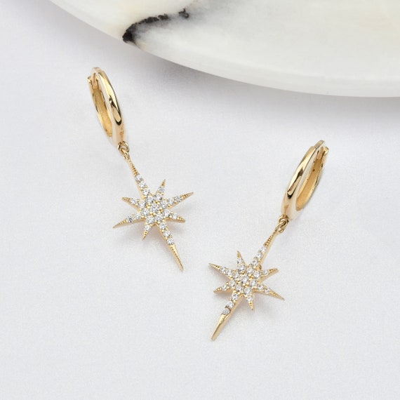 14K Gold North Star Hoop Earrings, North Star Earrings, Star Earrings, 14K, Calestial Earrings, 14K Hoop Earrings, Diamond Option Available.