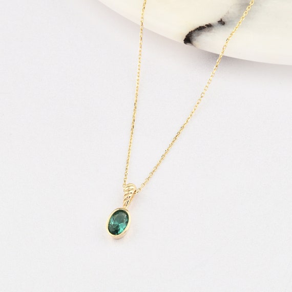 14K Gold Emerald Necklace, Gold Emerald Necklace, Emerald Charm Necklace, May Birthstone Necklace, Gemstone Necklace, 14K Gold Necklace.