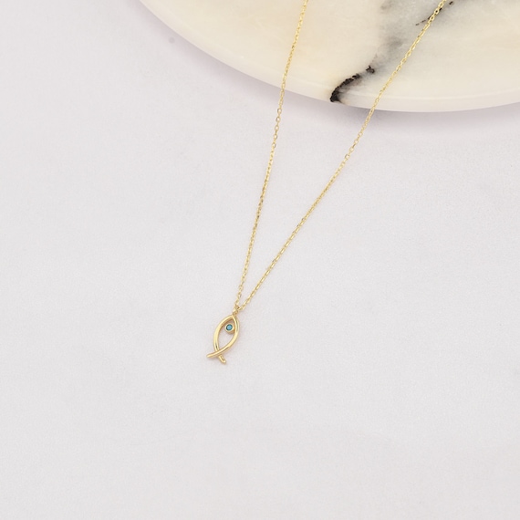14K Gold Fish Necklace, Gold Fish Necklace, Fish Charm Necklace, Fish Symbol Necklace, Animal Gold Necklace, 14K Gold Necklace.