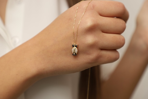 14K Gold Owl Necklace, Gold Owl Necklace, Owl Charm Necklace, Owl Gold Pendant, 14K Gold Necklace, Animal Necklace ,Gold Necklace, Gold Owl.