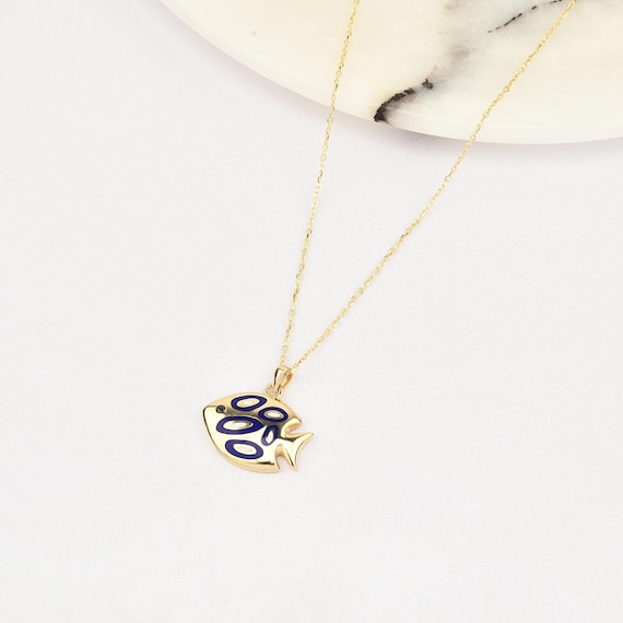 14K Gold Fish Necklace With Enamel, Gold Fish Necklace, Fish Charm Necklace, Fish Symbol Necklace, Enamel Necklace, 14K Gold Necklace.