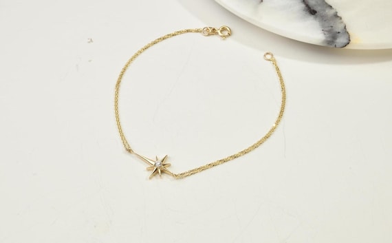 14K Gold North Star Bracelet, Star Gold Bracelet, North Star Charm Bracelet, Calestial Bracelet, Star Bracelet, Diamond Option Available.