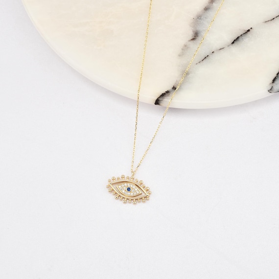 14K Gold Evil Eye Necklace, Gold Evil Eye Necklace, Evil Eye Charm Necklace, Evil Eye Necklace, Eye Necklace, 14K Gold Necklace.