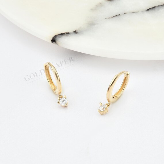 14K Gold Solitaire Hoop Earrings, Solitaire Gold Earrings, Solitaire Earrings, Round Cut Solitaire Earrings, Gold Hoop Earrings, Cz Stone.