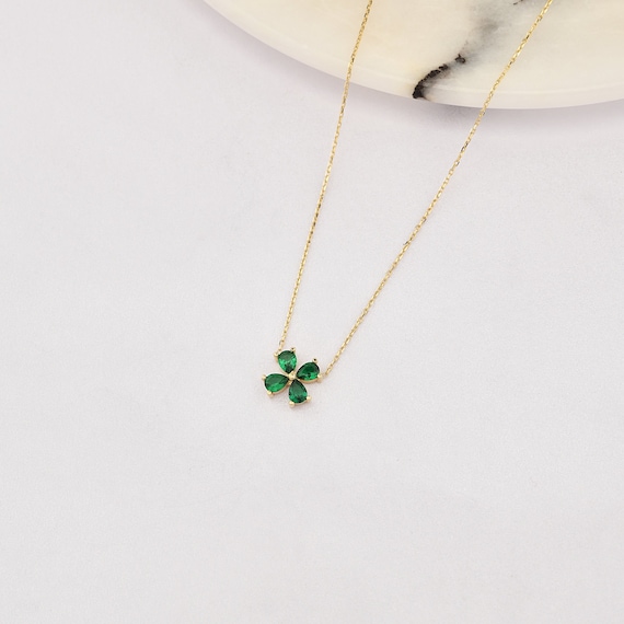 14K Gold Clover Emerald Necklace, Gold Clover Necklace, 4 Leaf Clover Necklace, Emerald Necklace, Gold Clover With Emeralds Necklace.