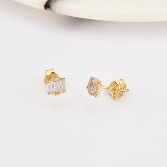 14K Gold Baguette Stones Earrings, Baguette Gold Earrings, Baguette Charm Earring, Lucky Baguette Earrings, 14K Gold Earrings, Baguette .