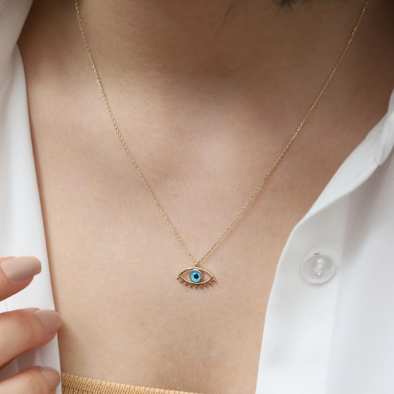 14K Gold Evil Eye Necklace, Gold Evil Eye Necklace, Evil Eye Charm Necklace, Evil Eye Necklace, Eye Necklace, 14K Gold Necklace.