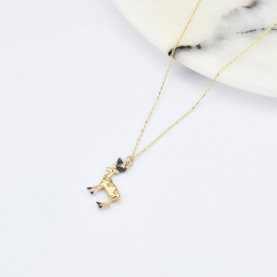 14K Gold Deer Necklace, Gold Deer Necklace, Deer Charm Necklace, Deer Gold Pendant, 14K Necklace, Red Deer Necklace, Horned Deer Necklace.