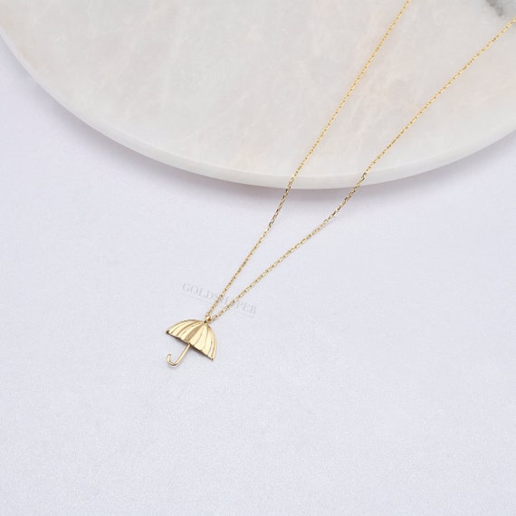 14K Gold Umbrella Necklace, Gold Umbrella Necklace, Umbrella Necklace, Rain Necklace, Cloud Necklace, Rainy Necklace, 14K Gold Necklace.