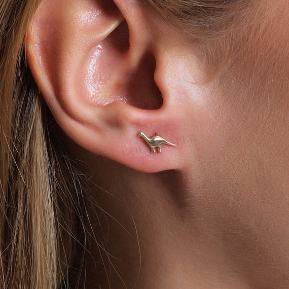 14K Gold Dinosaur Earrings, Dinosaur Gold Earrings, Dinosaur Shape Earrings, Dinosaur Earrings, Dinosaur Earring, Gold Animal Earrings.