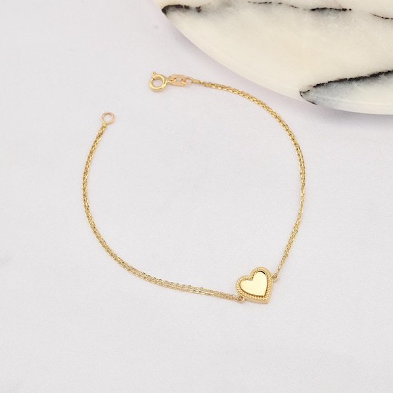 14K Gold Heart Bracelet, Heart Gold Bracelet, Heart Bracelet, Heart Shape Bracelet, Heart Symbol Bracelet, 14K Gold Bracelet, Heart Charm.