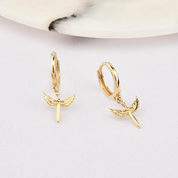 14K Gold Angel Sword Hoop Earrings, Gold Angel Earrings, Wing Earrings, Angel Wing Hoop Earrings, Gold Angel Earrings, Sword Earrings, 14K.