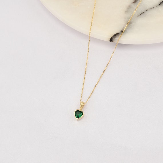 14K Heart Emerald Necklace, 14k Solid Gold Heart Necklace, May Birthstone, Heart Neckace, Emerald Necklace, Heart Cut Emerald.