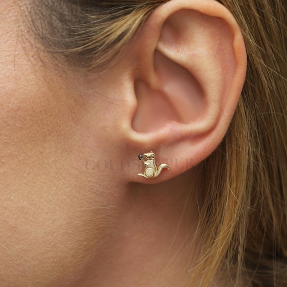 14K Gold Squirrel Earrings, Squirrel Gold Earrings, Squirrel Symbol Earrings, Squirrel Earring, 14K Gold Earrings, Gold Animal Earrings.