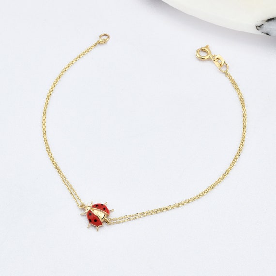 14K Gold Ladybug Bracelet With Enamel, Ladybug Gold Bracelet, Ladybug Bracelet, Ladybug Bracelet, Enamel Bracelet, Ladybug Charm Bracelet.