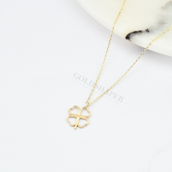 14K Gold Clover Necklace, Solid Gold Clover Necklace, 4 Leaf Clover Necklace, Floral Necklace, Lucky Clover Necklace, Flower Necklace.