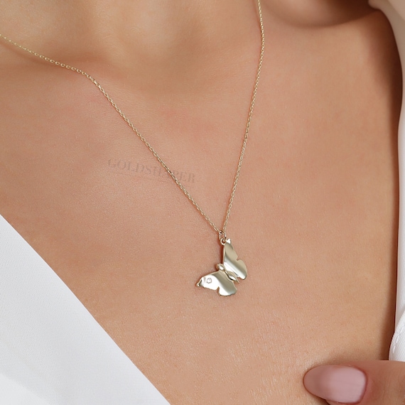 14K Gold Butterfly Necklace, Gold Butterfly Necklace, Butterfly Charm Necklace, Butterfly Gold Pendant, 14K Gold Necklace, Animal Necklace.
