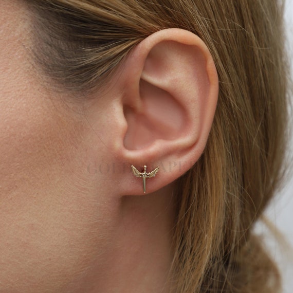 14K Gold Angel Sword Earrings, Wing Gold Earrings, Angel Earrings, Wing Earrings, Wing Shape Gold Earrings, Sword Earrings, Sword Gold Studs