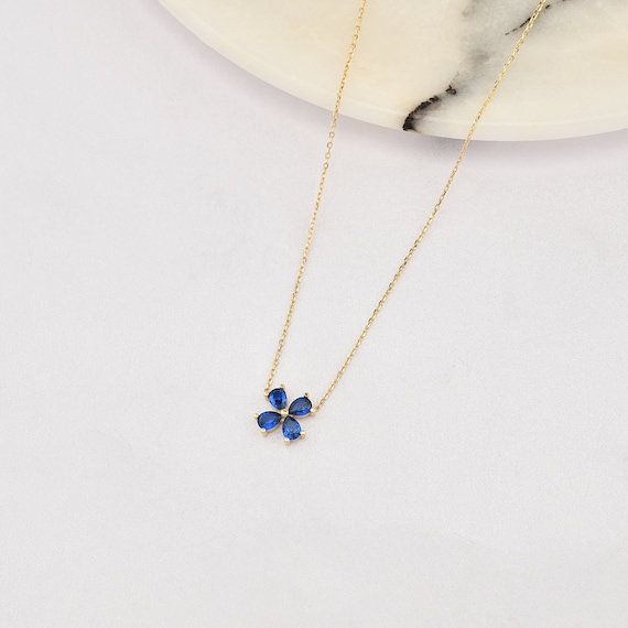 14K Gold Clover Sapphire Necklace, 14K Gold Clover Necklace, 4 Leaf Clover Necklace, Sapphire Necklace, Gold Clover With Sapphire Necklace.