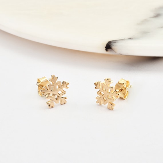 14K Gold Snowflake Earrings, Snowflake Gold Earrings, Snowflake Charm Earrings, Snow Earrings, Snowflake Symbol Earrings, 14K Gold Earrings.