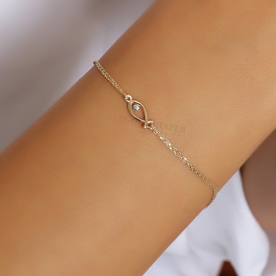 14K Gold Fish Bracelet, Fish Gold Bracelet, Fish Charm Bracelet, Fish Bracelet, Sea Bracelet, 14K Gold Bracelet, Fish Animal Bracelet.