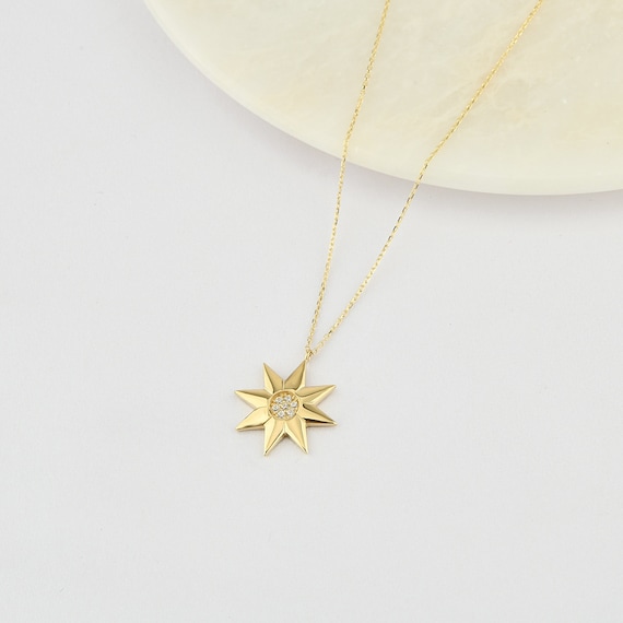 14K Gold Sun Necklace, Gold Sun Necklace, Sun Charm Necklace, Calestial Necklace, Sunshine Necklace, 14K Gold Necklace, Sun Symbol Necklace.