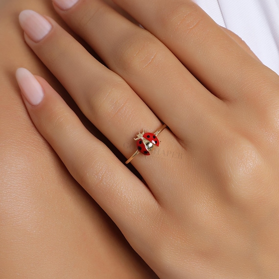 14K Gold Ladybug Ring With Enamel, Gold Ladybug Ring, Ladybird Ring, Gold Ladybird Ring, Animal Gold Ring, 14K Gold Ladybug Symbol Ring, 14K