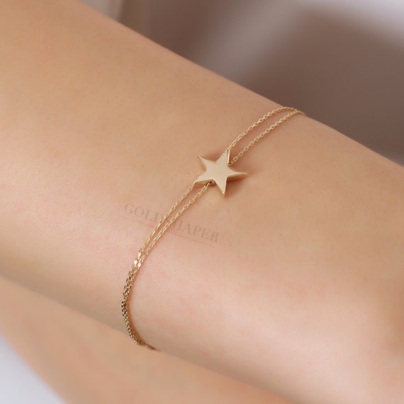 14K Gold Star Bracelet, Star Gold Bracelet, Star Charm Bracelet, Calestial Bracelet, Star Symbol Bracelet, Star Bracelet, 14K Gold Bracelet.