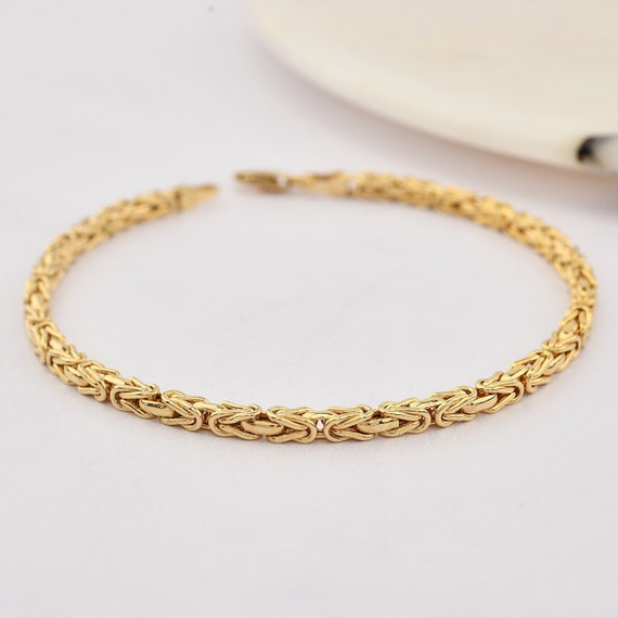 14K Real Gold Byzantine Flat Chain Bracelet, King Chain Bracelet, 3 MM , Bali Chain Bracelet, Gold Handmade Bracelet, King Chain Bracelet.
