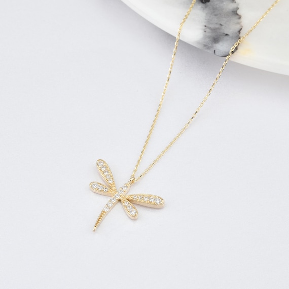 14K Gold Dragonfly Necklace, Gold Dragonfly Necklace, Dragonfly Necklace, Firefly Necklace, Dragonfly Charm Necklace, Dragonfly Pendant