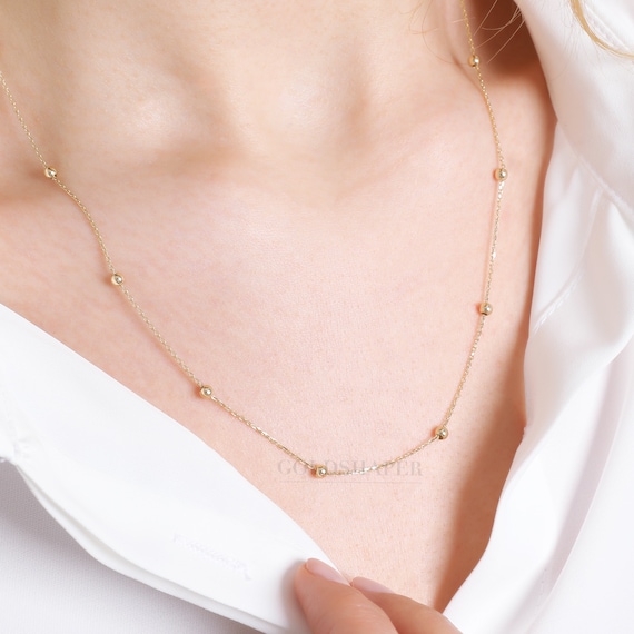 14K Gold Ball Bead Necklace, 4MM 3MM 2MM Gold Balls Station Necklace, Gold Sphere Ball Necklace, 14K Solid Gold Necklace, Gold Ball Necklace