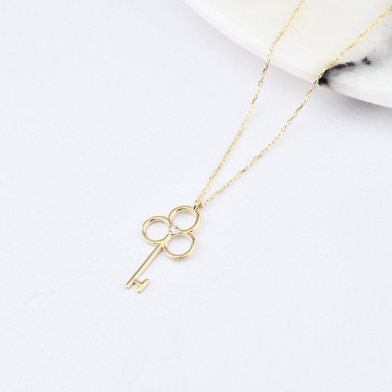 14K Gold Key Necklace, Gold Key Necklace, Key Necklace, Lucky Key Necklace, Key Charm Necklace, Key Symbol Necklace, 14K Gold Necklace.
