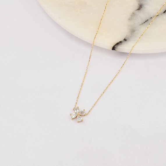 14K Gold Clover Zircon Stones Necklace, Gold Clover Necklace, 4 Leaf Clover Necklace, Zircon Necklace, Gold Clover With Zircon Necklace