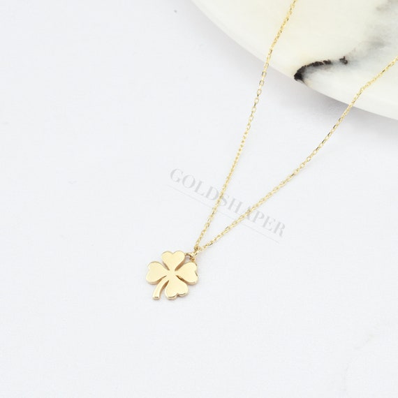 14K Gold Clover Necklace, Gold Clover Necklace, 4 Leaf Clover Necklace, Floral Necklace, Lucky Clover Necklace, Flower Necklace, 14K Gold.