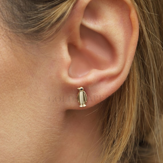 14K Gold Penguin Earrings, Penguin Gold Earrings, Penguin Symbol Earrings, Penguin Earring, 14K Gold Earrings, Gold Animal Earrings.