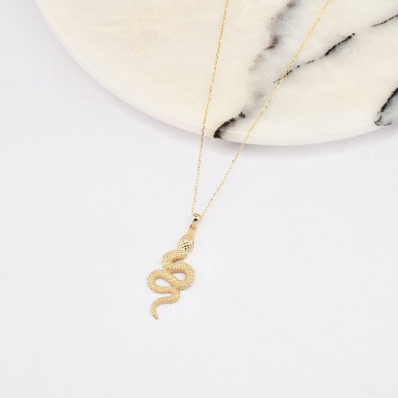 14K Gold Snake Necklace, Gold Serpent Snake Necklace, Snake Charm Necklace, Snake Gold Pendant, 14K Gold Necklace, Animal Necklace.