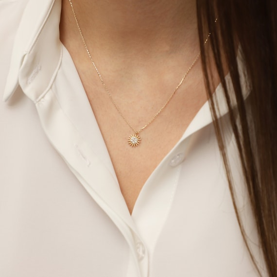 14K Gold Sun Necklace, Gold Sun Necklace, Sun Charm Necklace, Calestial Necklace, Sunshine Necklace, 14K Gold Necklace, Sun Symbol Necklace.