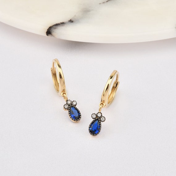 14K Gold Sapphire Hoop Earrings, Sapphire Gold Earrings, Sapphire Stone Earrings, Pear Cut Sapphire Earrings, Gold Hoop Earrings, Sapphire.