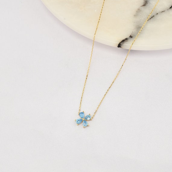 14K Gold Clover Aquamarine Necklace, Gold Clover Necklace, 4 Leaf Clover Necklace, Aquamarine Necklace, Gold Clover With Aquamarine Necklace