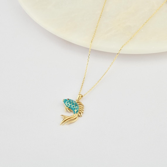 14K Gold Fish Necklace With Enamel, Gold Fish Necklace, Fish Charm Necklace, Koi Necklace, Koi Fish Necklace, Enamel Necklace, 14K Necklace.